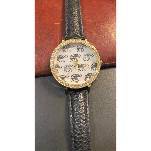 Women's 40mm Gold Tone Watch, Elephant Patterned Face, Crystal Accents - Picture 1 of 3